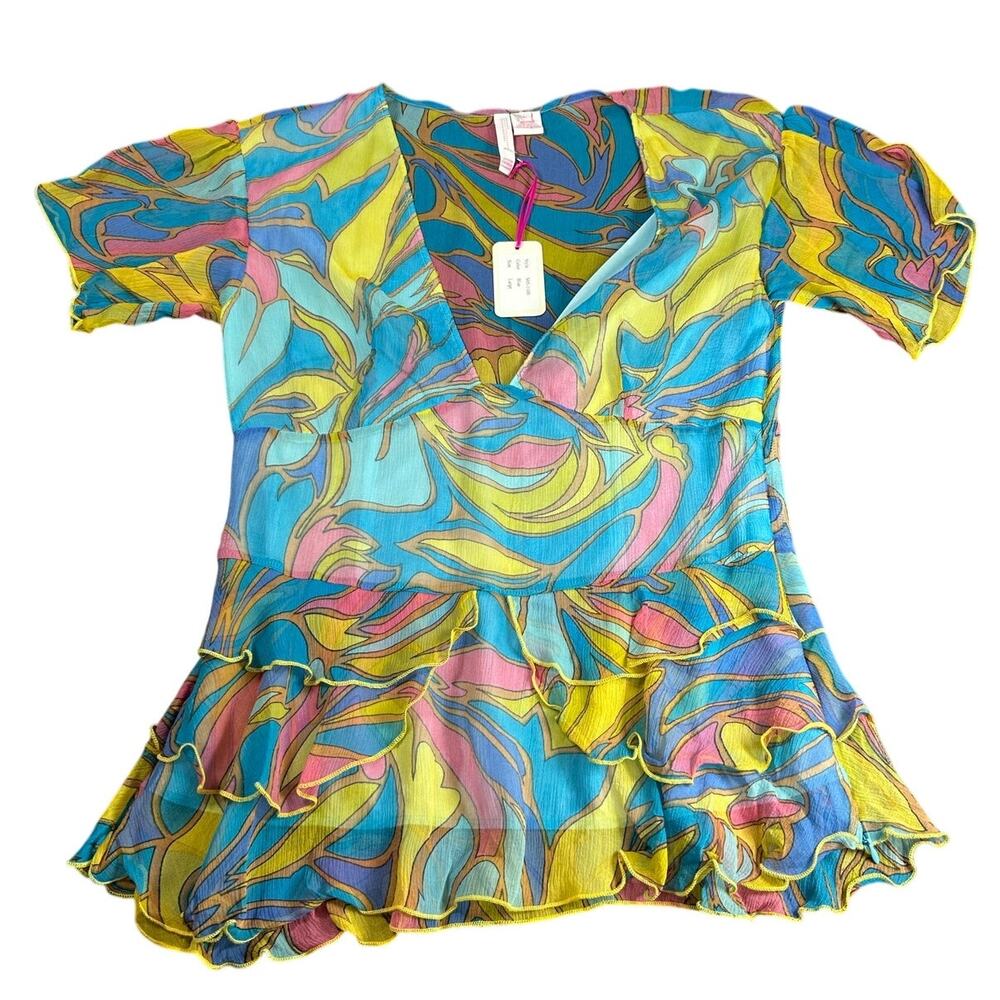 nelli Y2K Blouse- Silk- Pink Blue Yellow geometric- Sz Large- Vneck - with tag